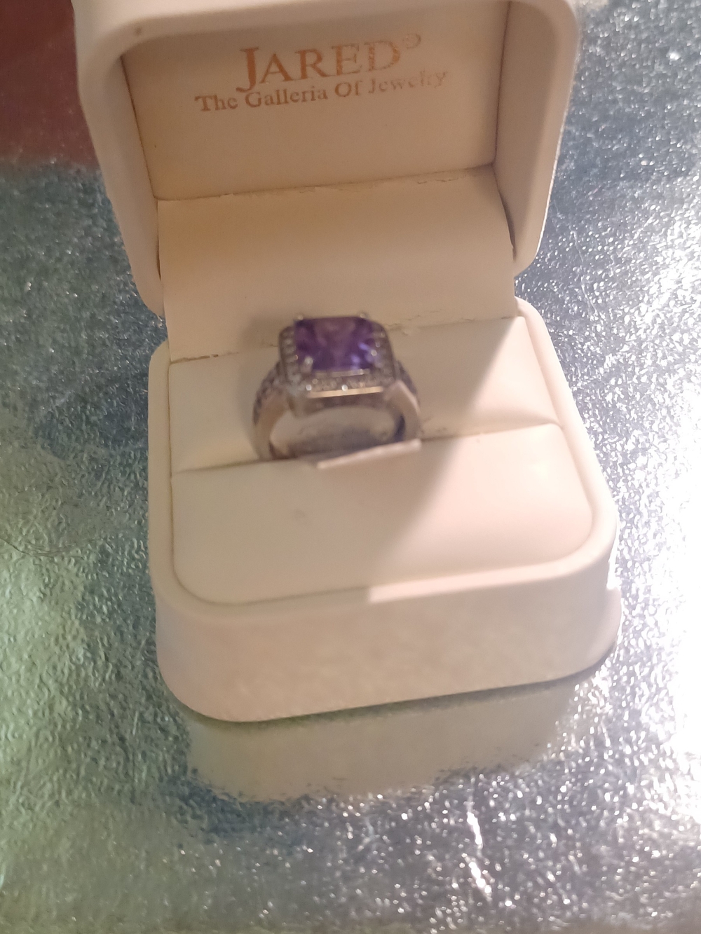 Silver Ring with Purple Cushion Gem and Halo. PLATED SS. Costume Jewlery